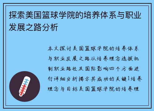 探索美国篮球学院的培养体系与职业发展之路分析